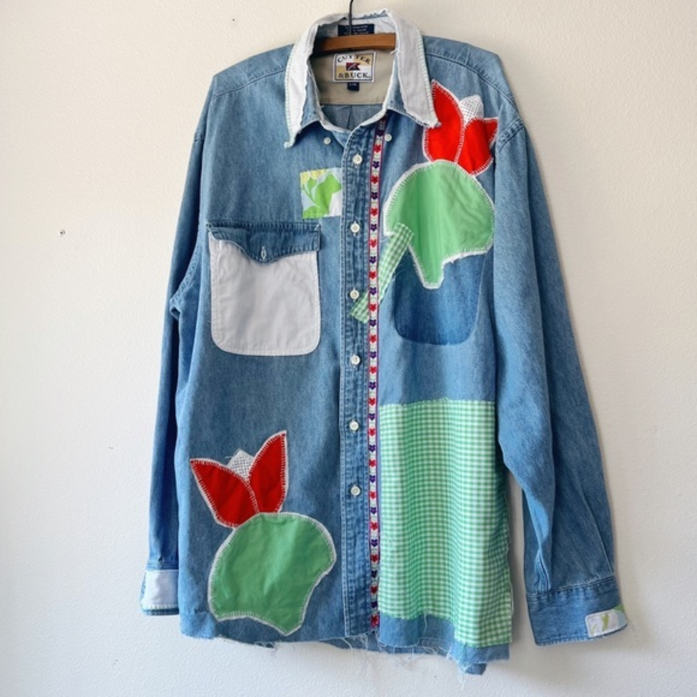 Distressed Patchwork Long Sleeve Denim Shirt Gree… - image 1